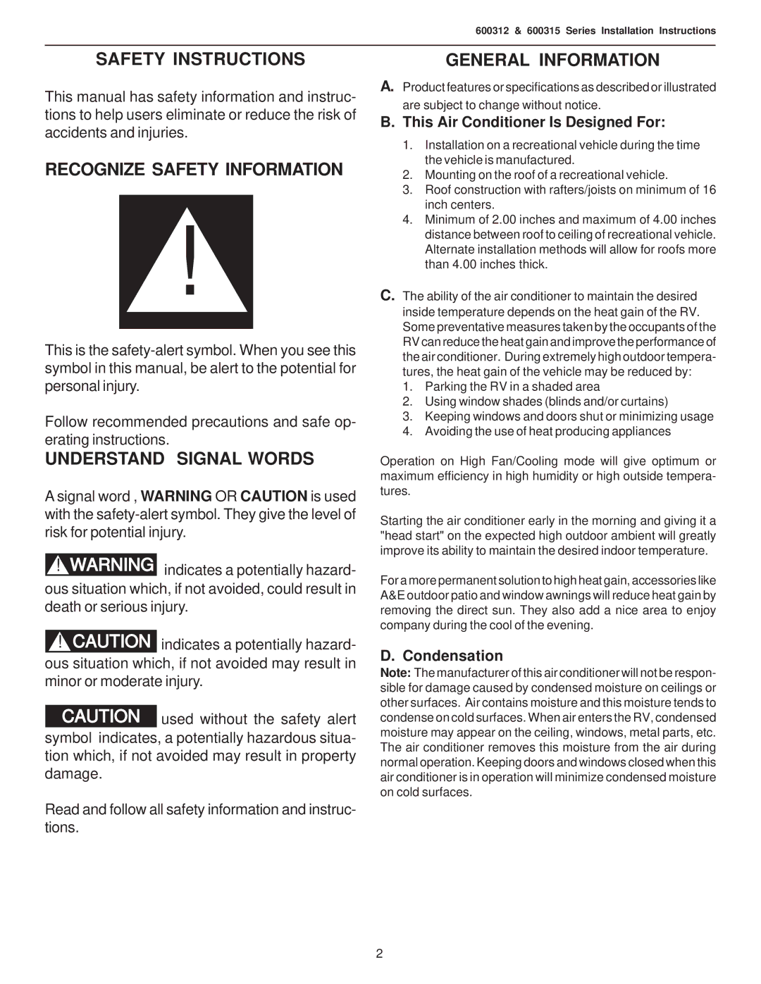 Dometic 600312.331 Safety Instructions, Recognize Safety Information, Understand Signal Words, General Information 