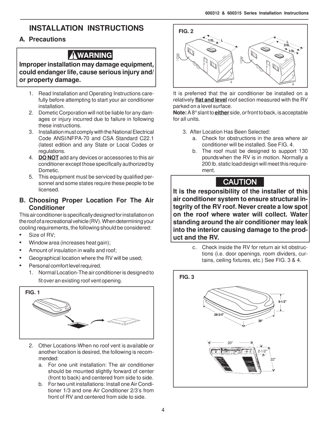 Dometic 600315.336, 600315.331, 600312.331 Installation Instructions, Choosing Proper Location For The Air Conditioner 