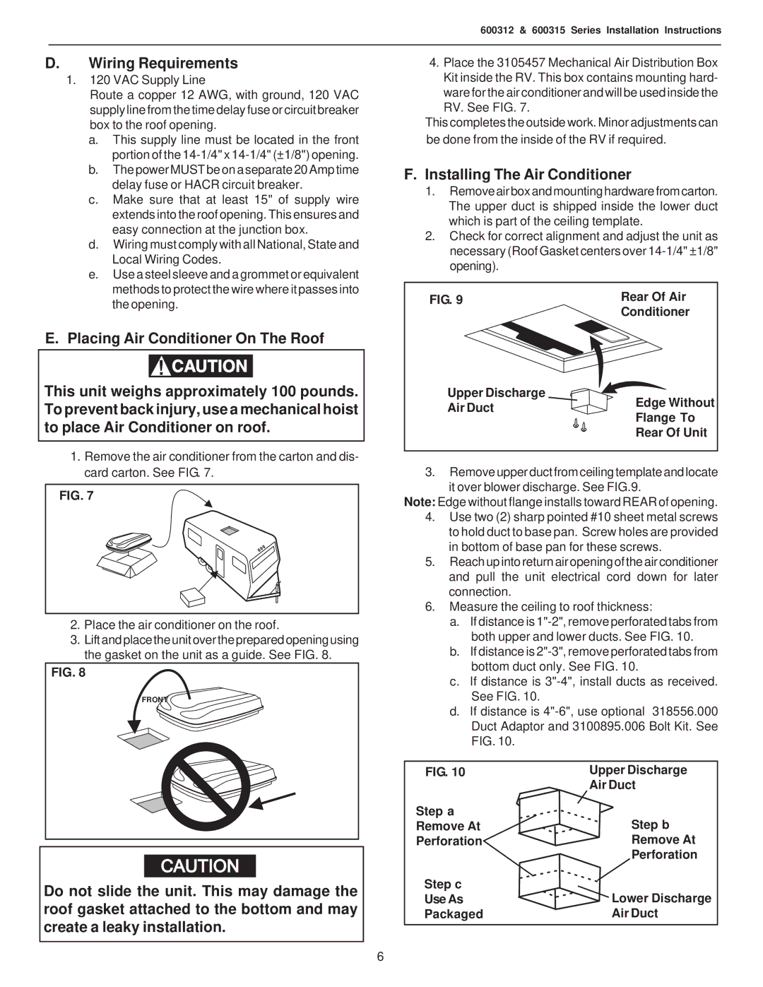 Dometic 600315.331, 600315.336, 600312.331 operating instructions Wiring Requirements, Installing The Air Conditioner 