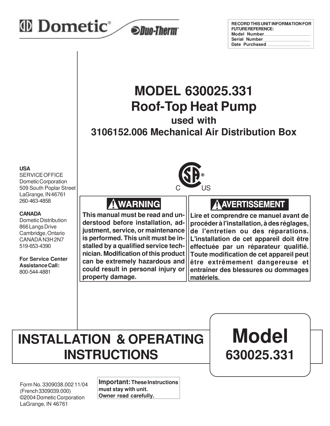 Dometic 630025.331 operating instructions Lire et comprendre ce manuel avant de, Derstood before installation, ad 