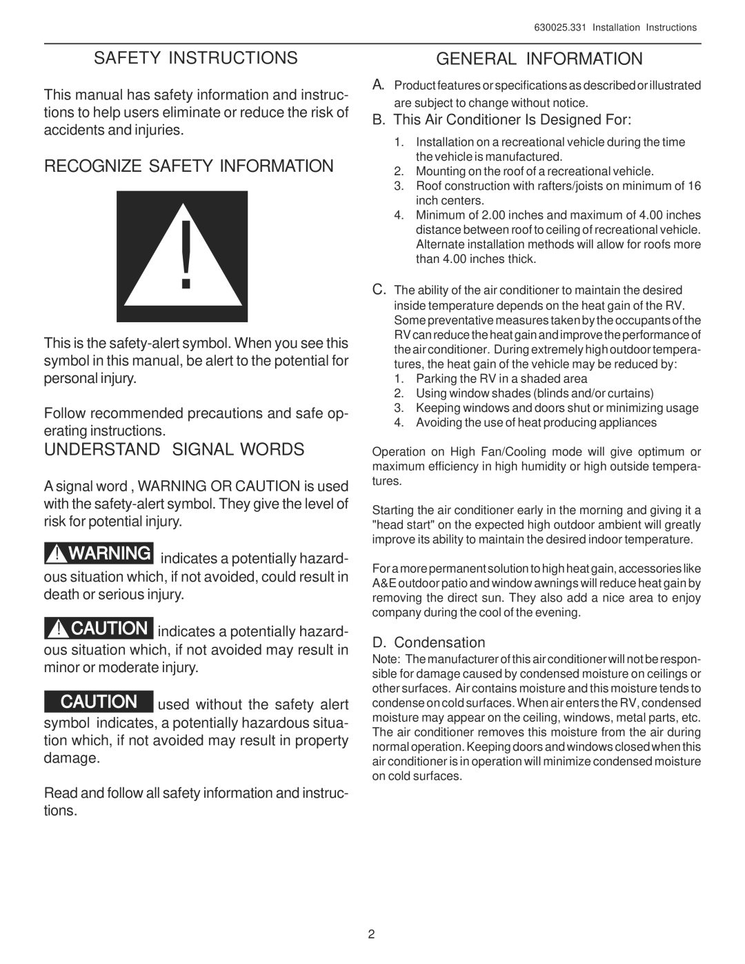 Dometic 630025.331 Safety Instructions, Recognize Safety Information, Understand Signal Words, General Information 