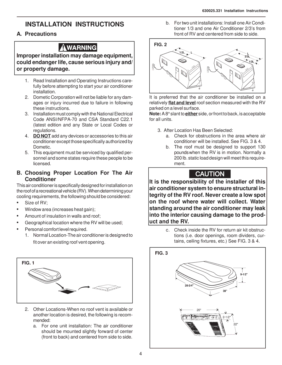 Dometic 630025.331 operating instructions Installation Instructions, Choosing Proper Location For The Air Conditioner 