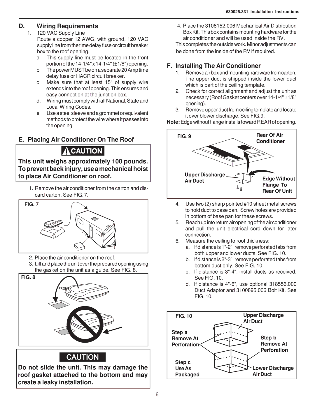 Dometic 630025.331 operating instructions Wiring Requirements, Installing The Air Conditioner 