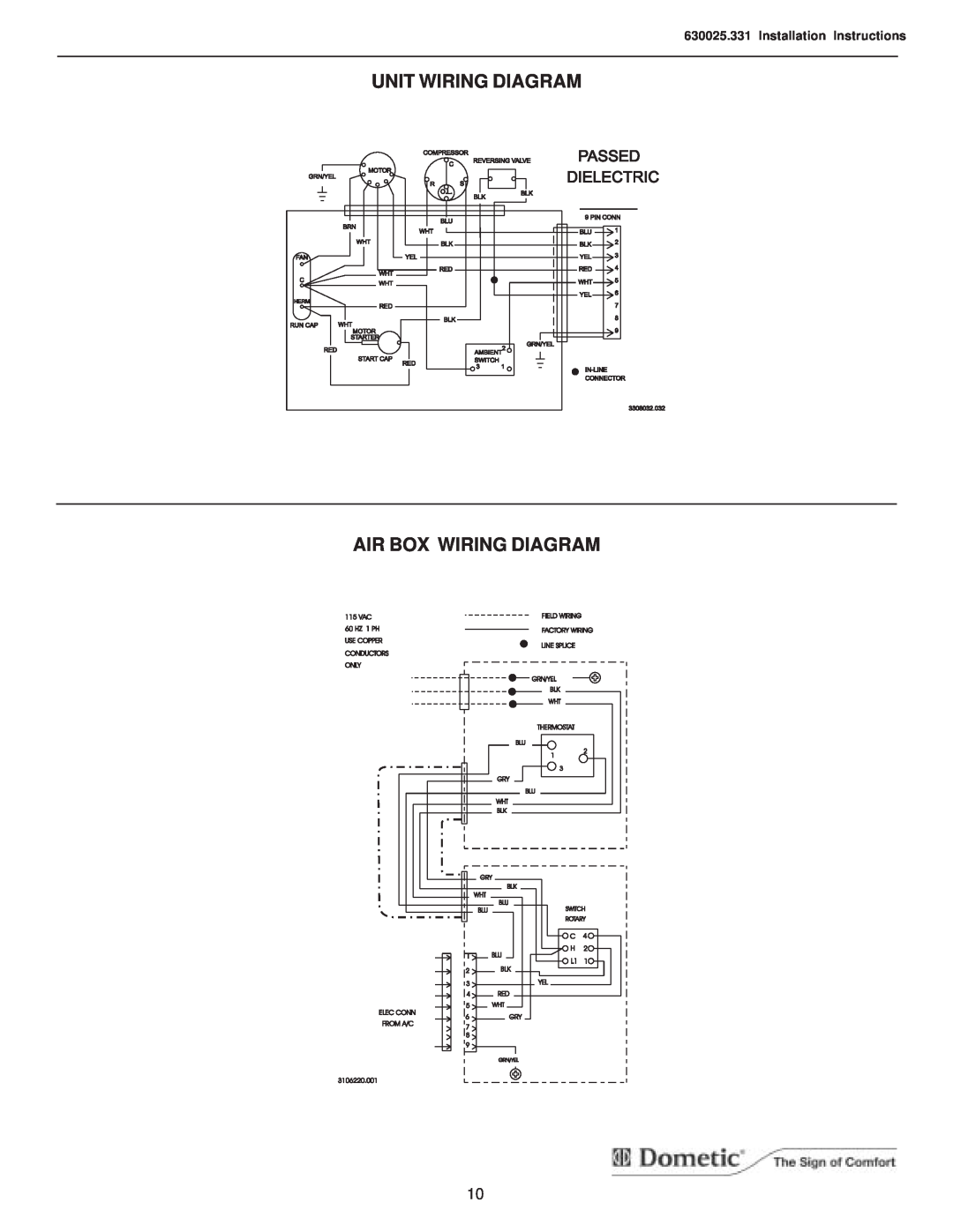 Dometic 630025.331 Unit Wiring Diagram, Air Box Wiring Diagram, Passed, Dielectric, Installation Instructions 