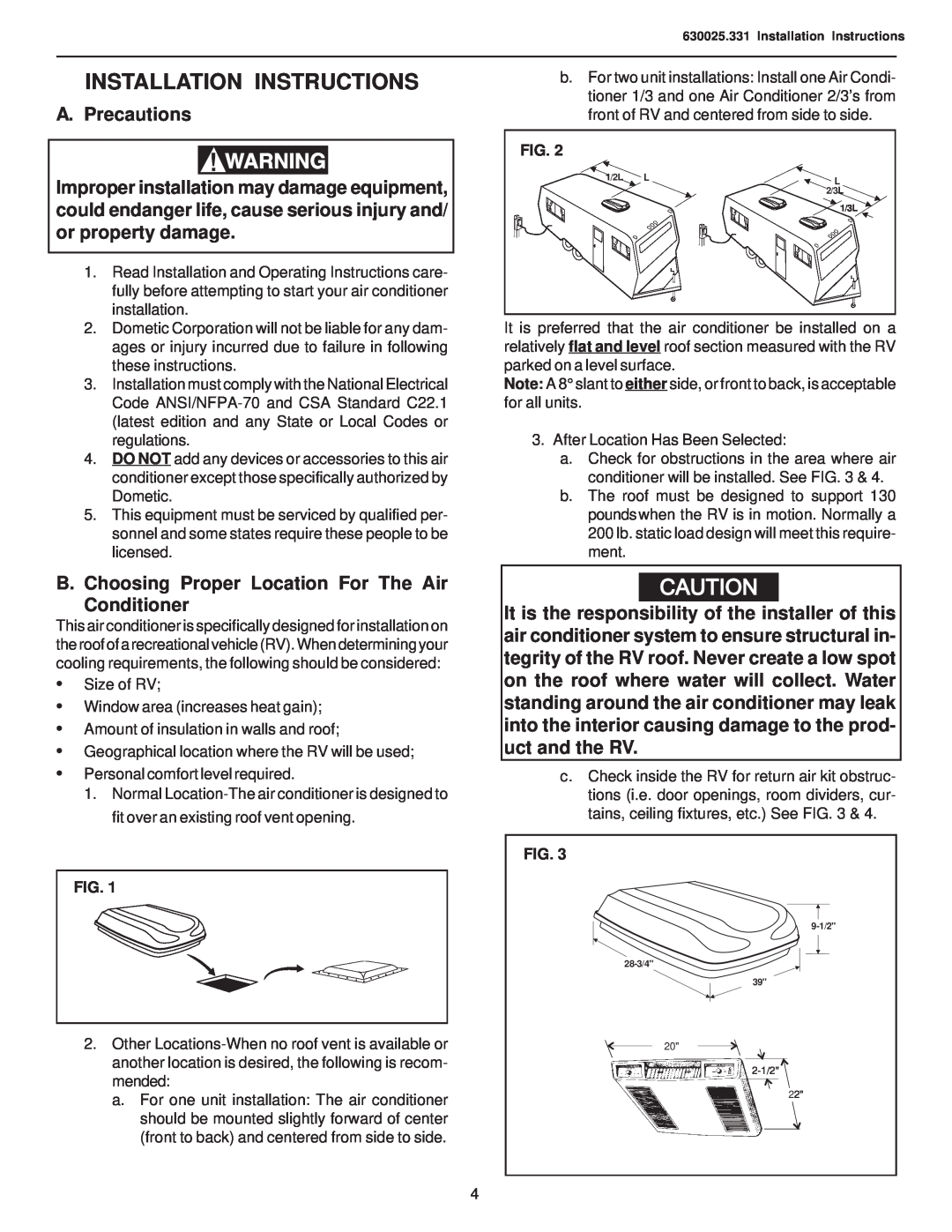 Dometic 630025.331 operating instructions Installation Instructions, A. Precautions 