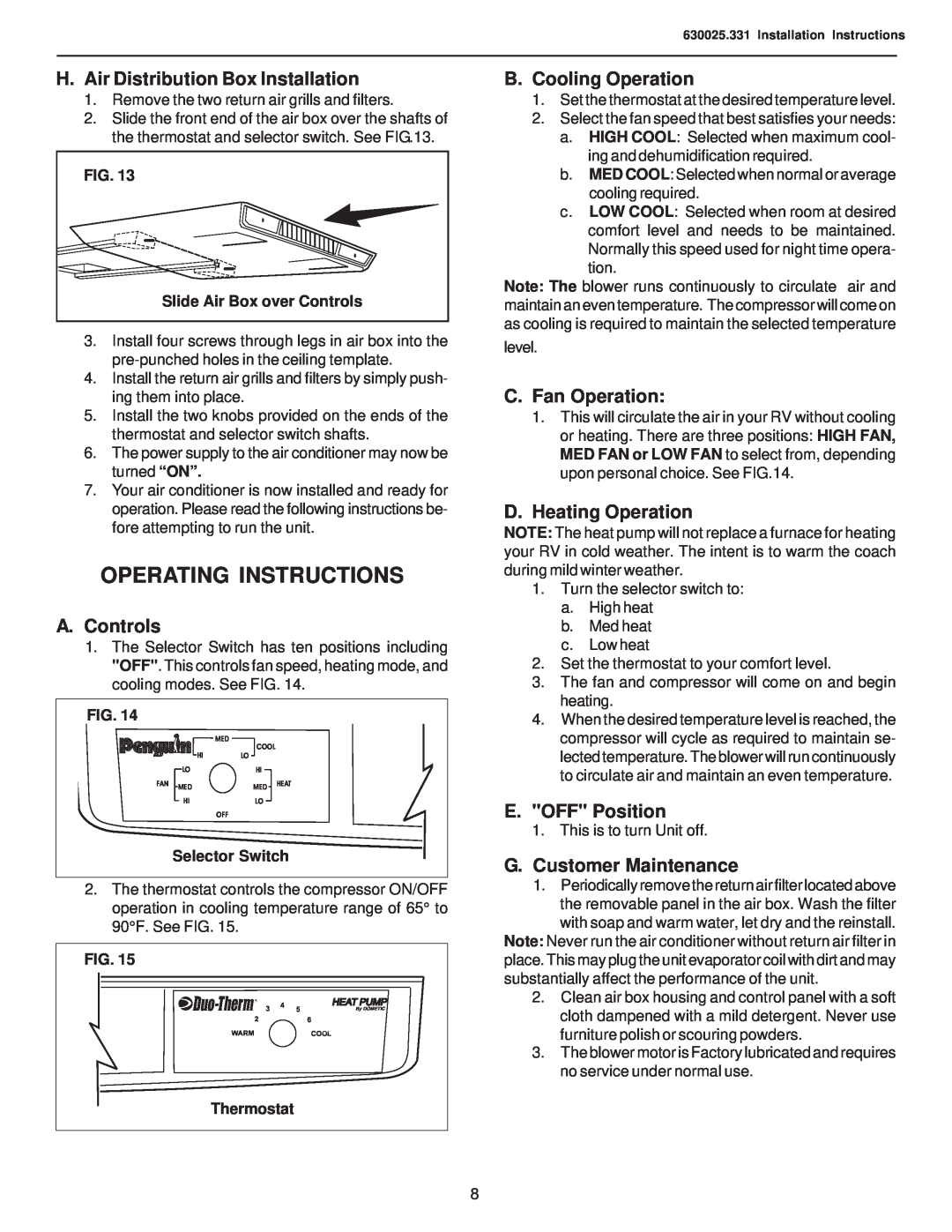 Dometic 630025.331 Operating Instructions, H.Air Distribution Box Installation, A.Controls, B.Cooling Operation 