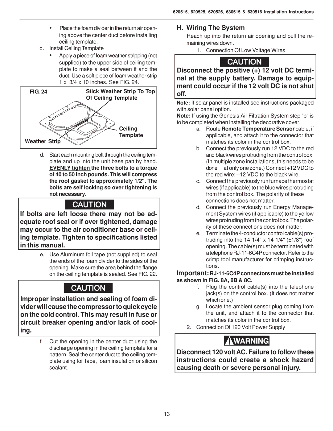 Dometic 620515.336, 630515.336, 630515.331, 630516.336, 620525.336 Wiring The System, Ceiling Template Weather Strip 