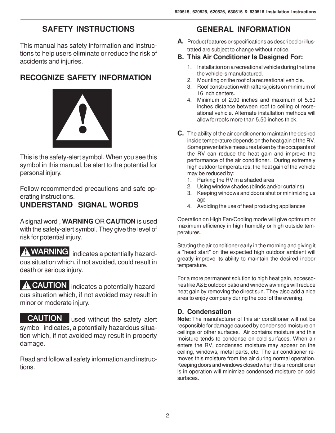 Dometic 630516.336 Safety Instructions, Recognize Safety Information, Understand Signal Words, General Information 