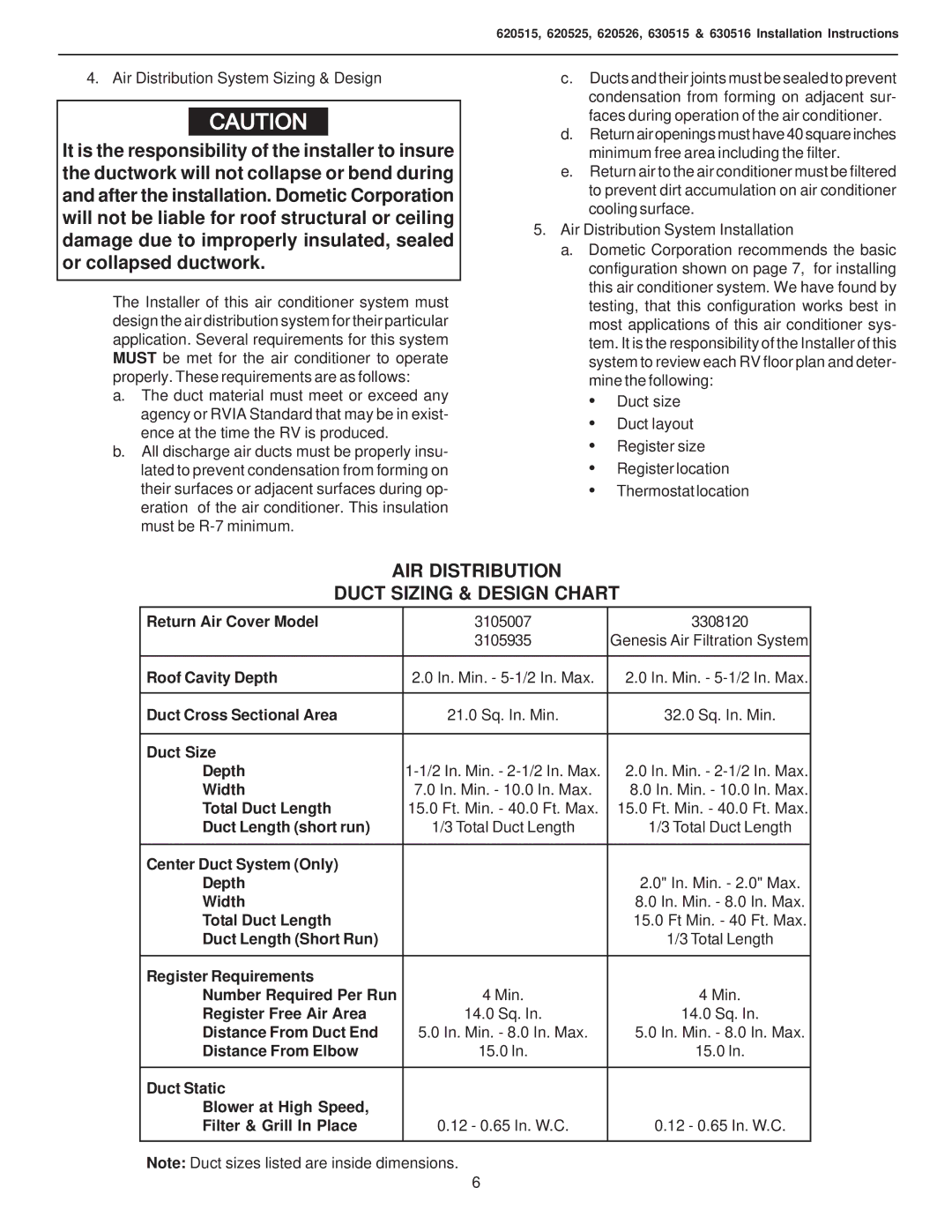 Dometic 620526.331 Return Air Cover Model, Roof Cavity Depth, Duct Cross Sectional Area, Duct Size Depth, Width 