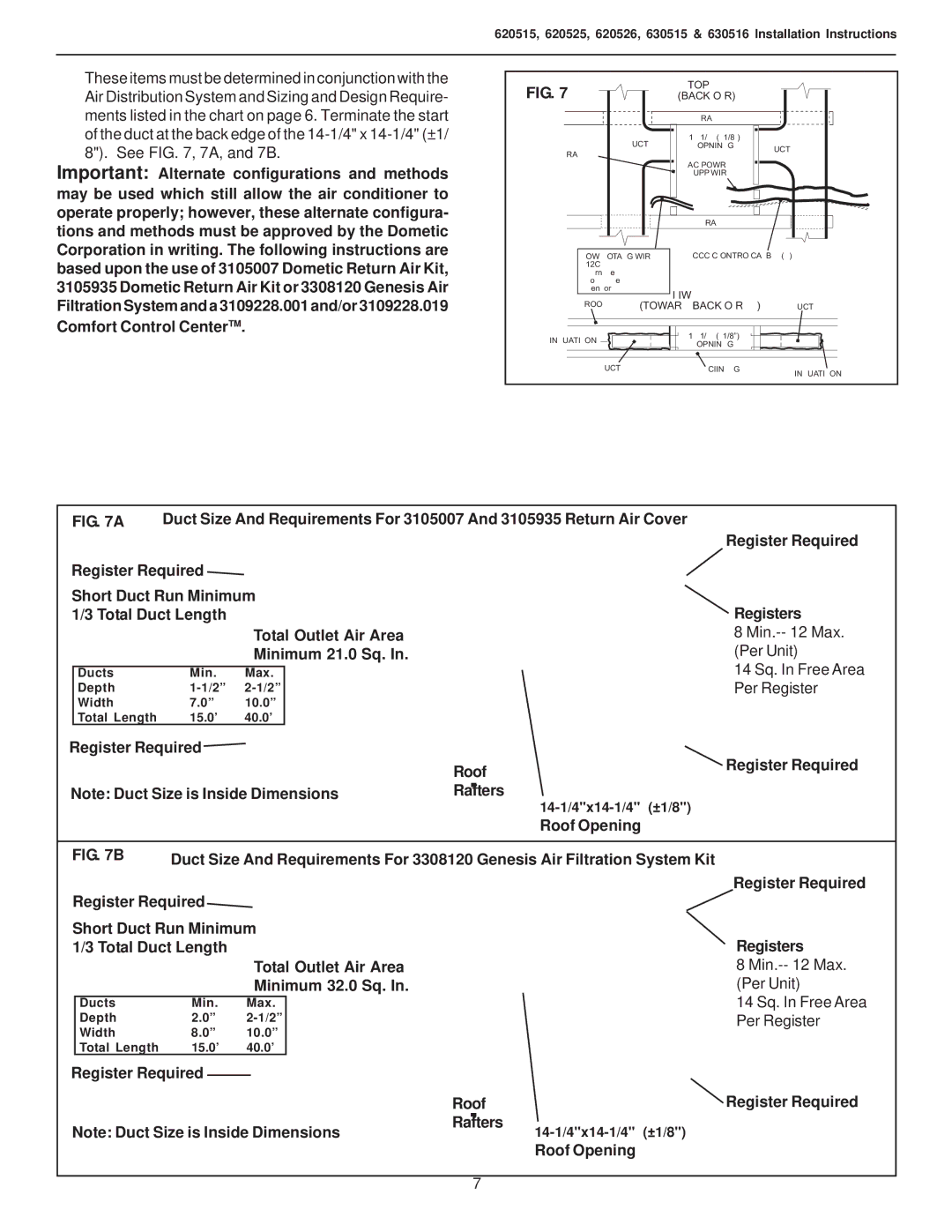 Dometic 620515.331, 630515.336, 630515.331 Register Required Registers, Roof Register Required Rafters, Roof Opening 