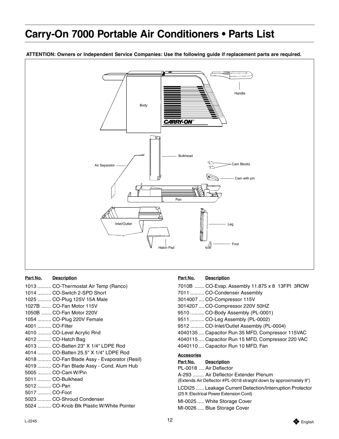 Dometic 7020 dimensions Carry-On 7000 Portable Air Conditioners Parts List 