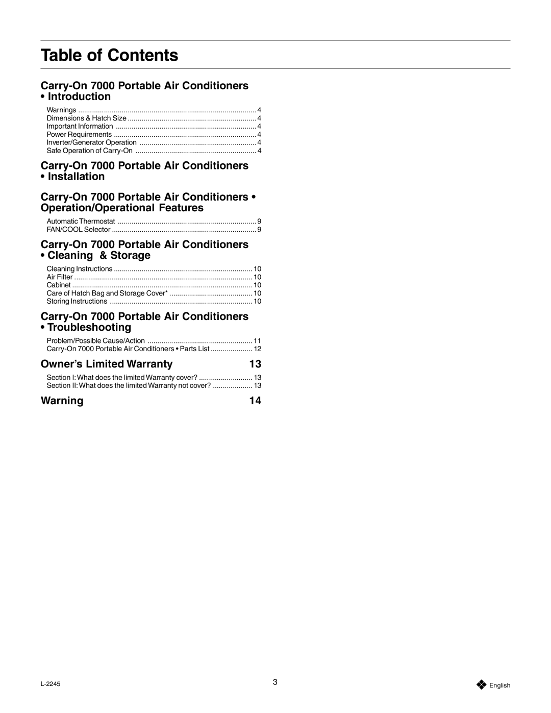 Dometic 7000, 7020 dimensions Table of Contents 