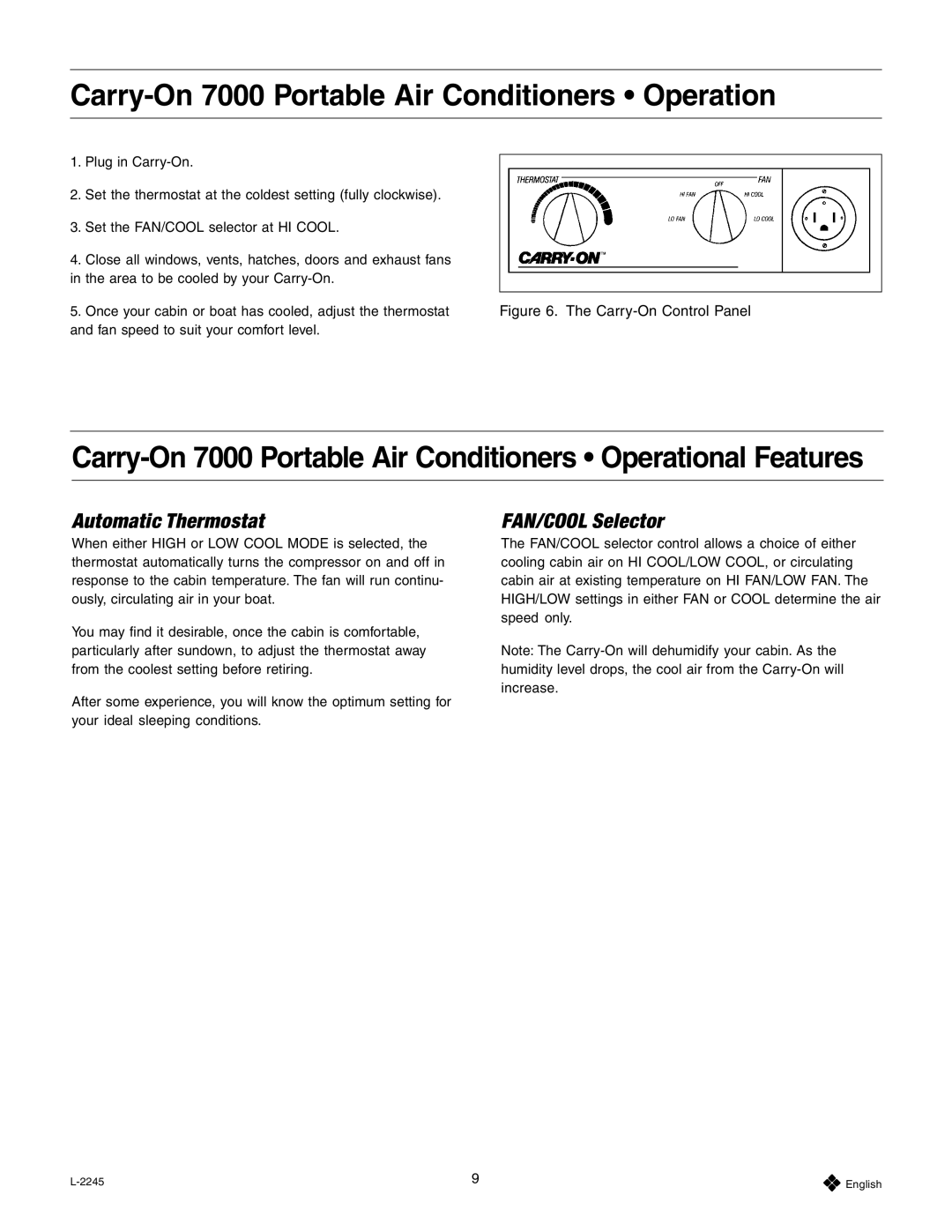 Dometic 7020 dimensions Carry-On 7000 Portable Air Conditioners Operation, Automatic Thermostat, FAN/COOL Selector 