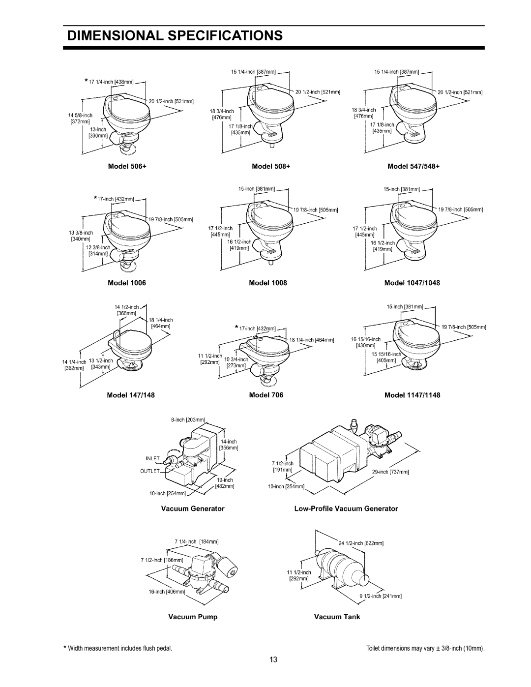 Dometic 706 owner manual Dimensional Specifications 