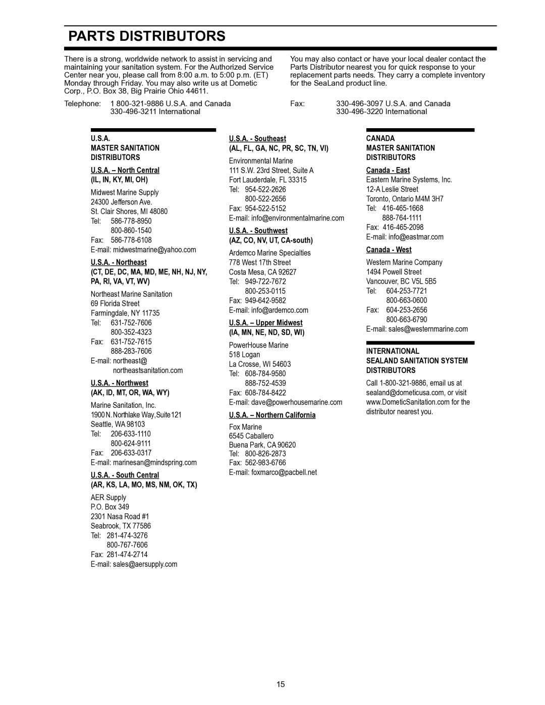 Dometic 706 owner manual Parts Distributors, Master Sanitation Distributors 