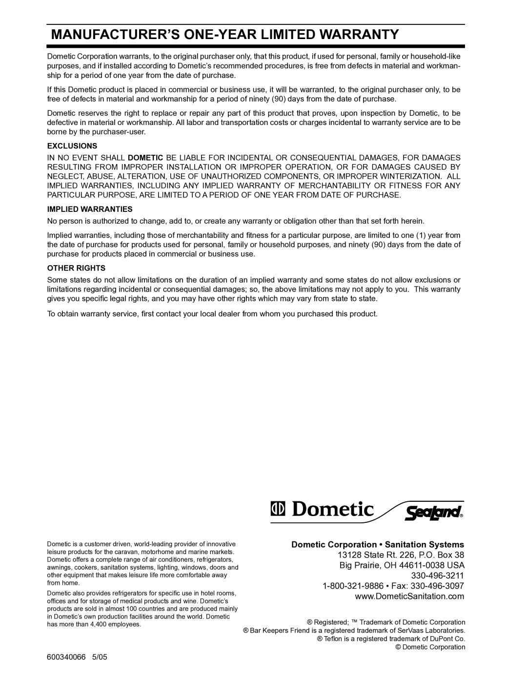 Dometic 706 owner manual MANUFACTURER’S ONE-YEAR Limited Warranty, Exclusions 