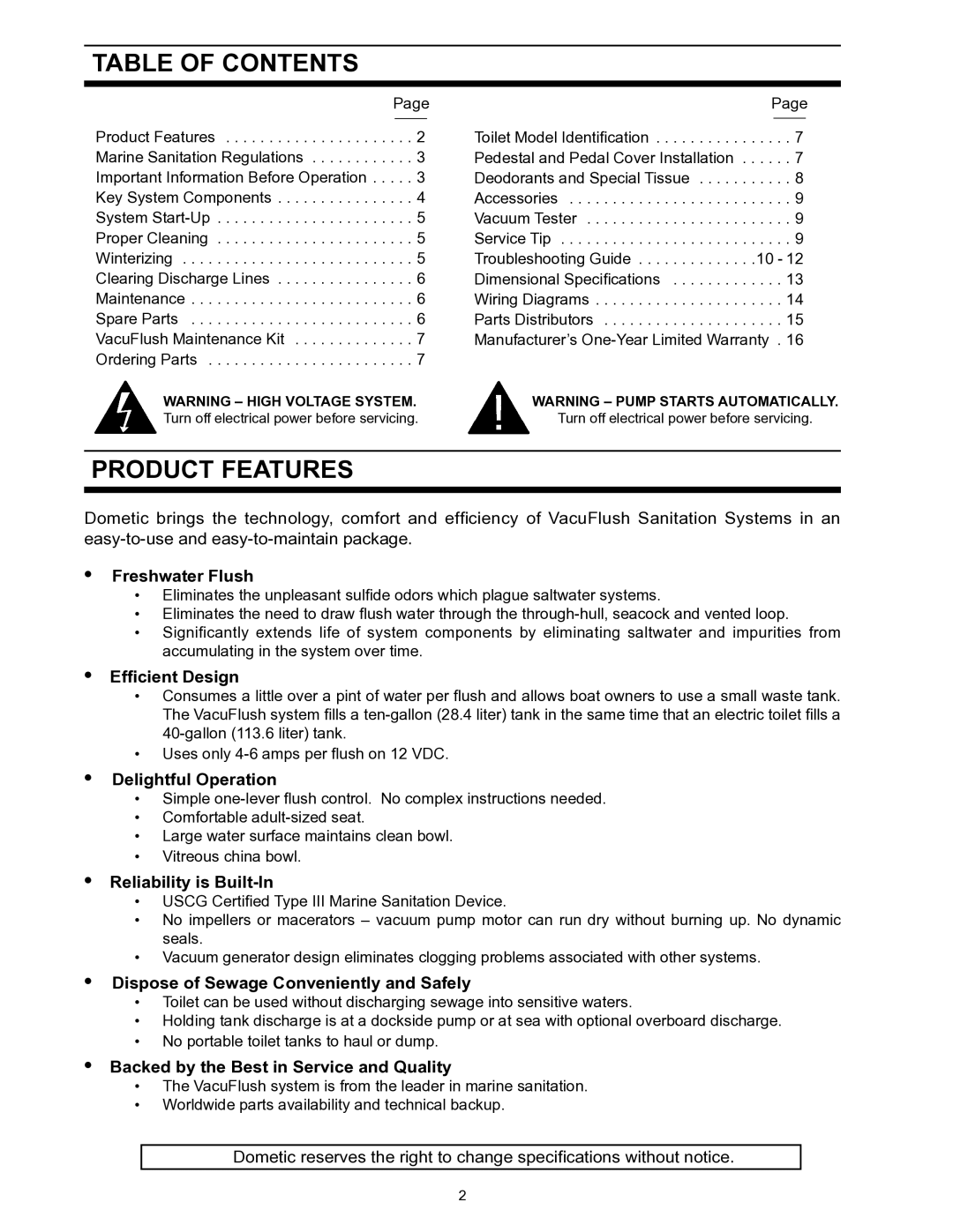 Dometic 706 owner manual Table of Contents, Product Features 