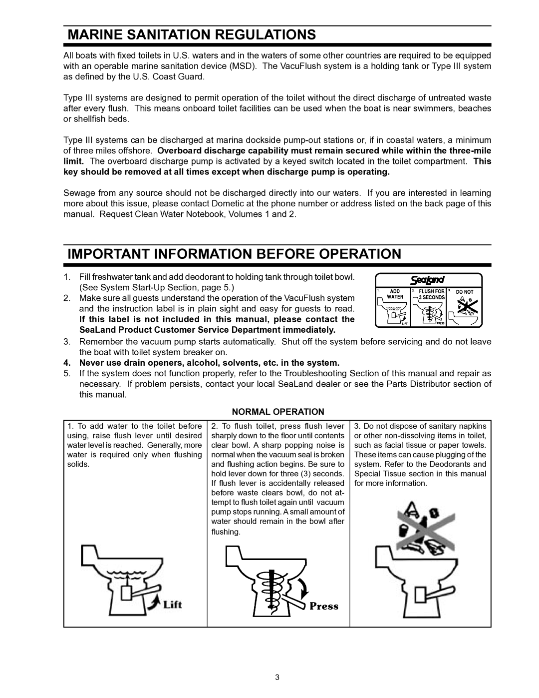 Dometic 706 owner manual Marine Sanitation Regulations, Important Information Before Operation 