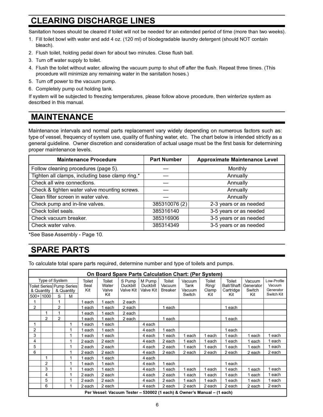 Dometic 706 owner manual Clearing Discharge Lines, Maintenance, On Board Spare Parts Calculation Chart Per System 