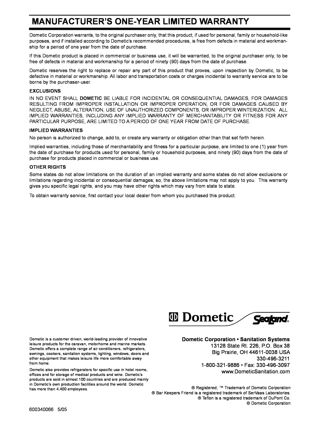 Dometic 706 Manufacturer’S One-Yearlimited Warranty, Dometic Corporation Sanitation Systems, State Rt. 226, P.O. Box 