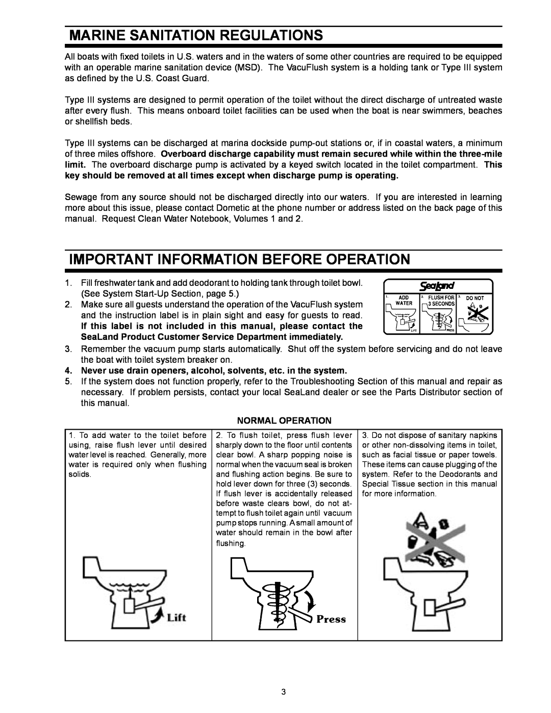 Dometic 706 owner manual Marine Sanitation Regulations, Important Information Before Operation, Normal Operation 