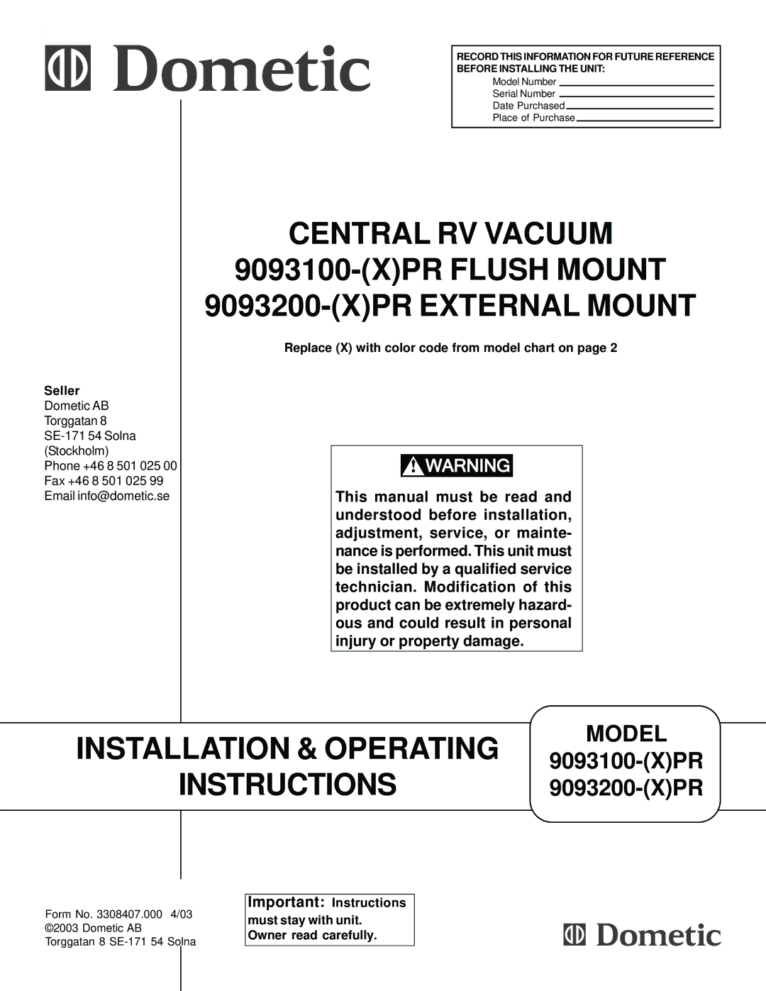 Dometic 9093100-(X)PR, 9093200-(X)PR manual Central RV Vacuum XPR Flush Mount XPR External Mount 