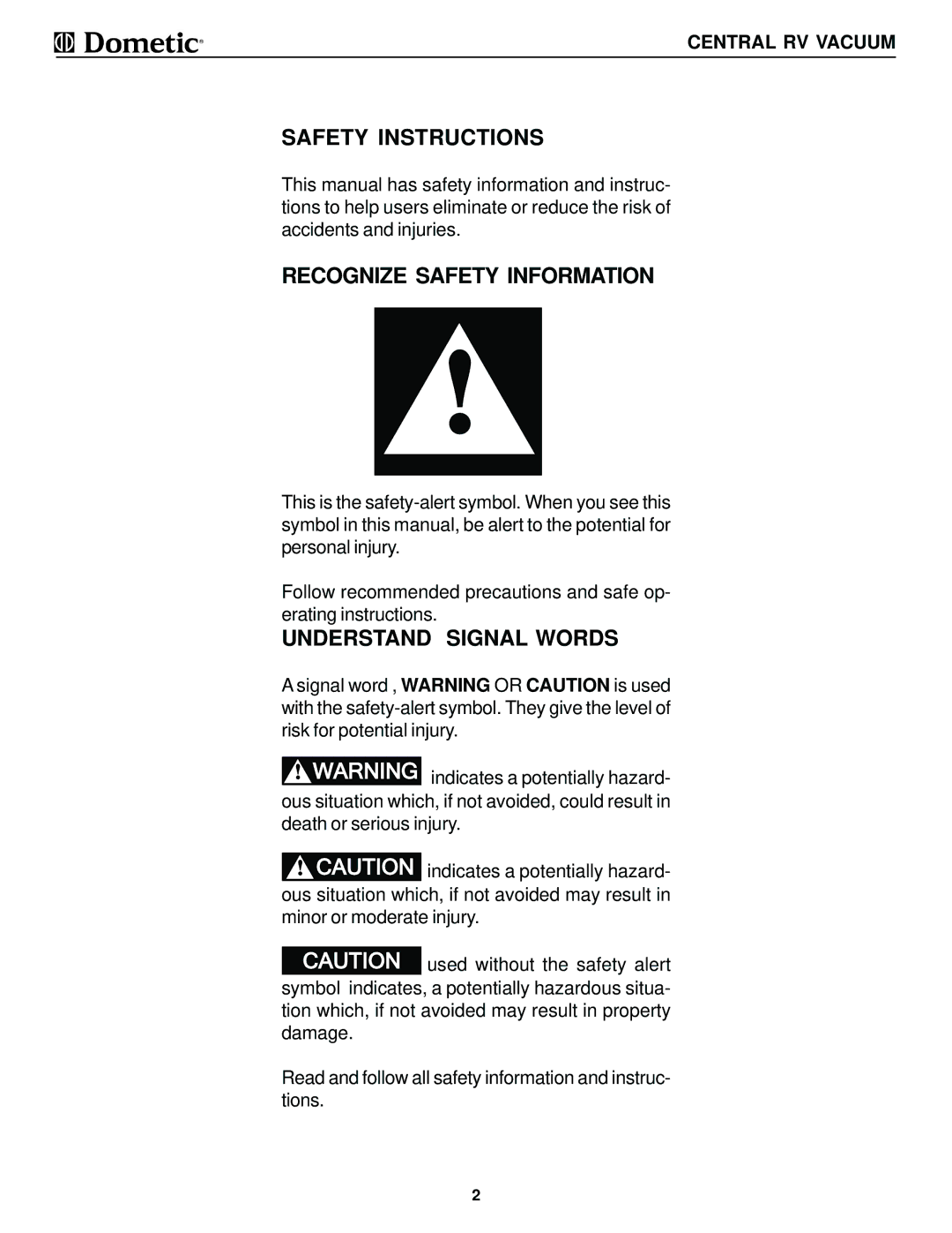 Dometic 9093200-(X)PR manual Safety Instructions, Recognize Safety Information, Understand Signal Words, Central RV Vacuum 