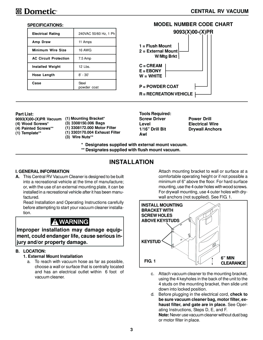 Dometic 9093100-(X)PR, 9093200-(X)PR manual Installation, Model Number Code Chart 