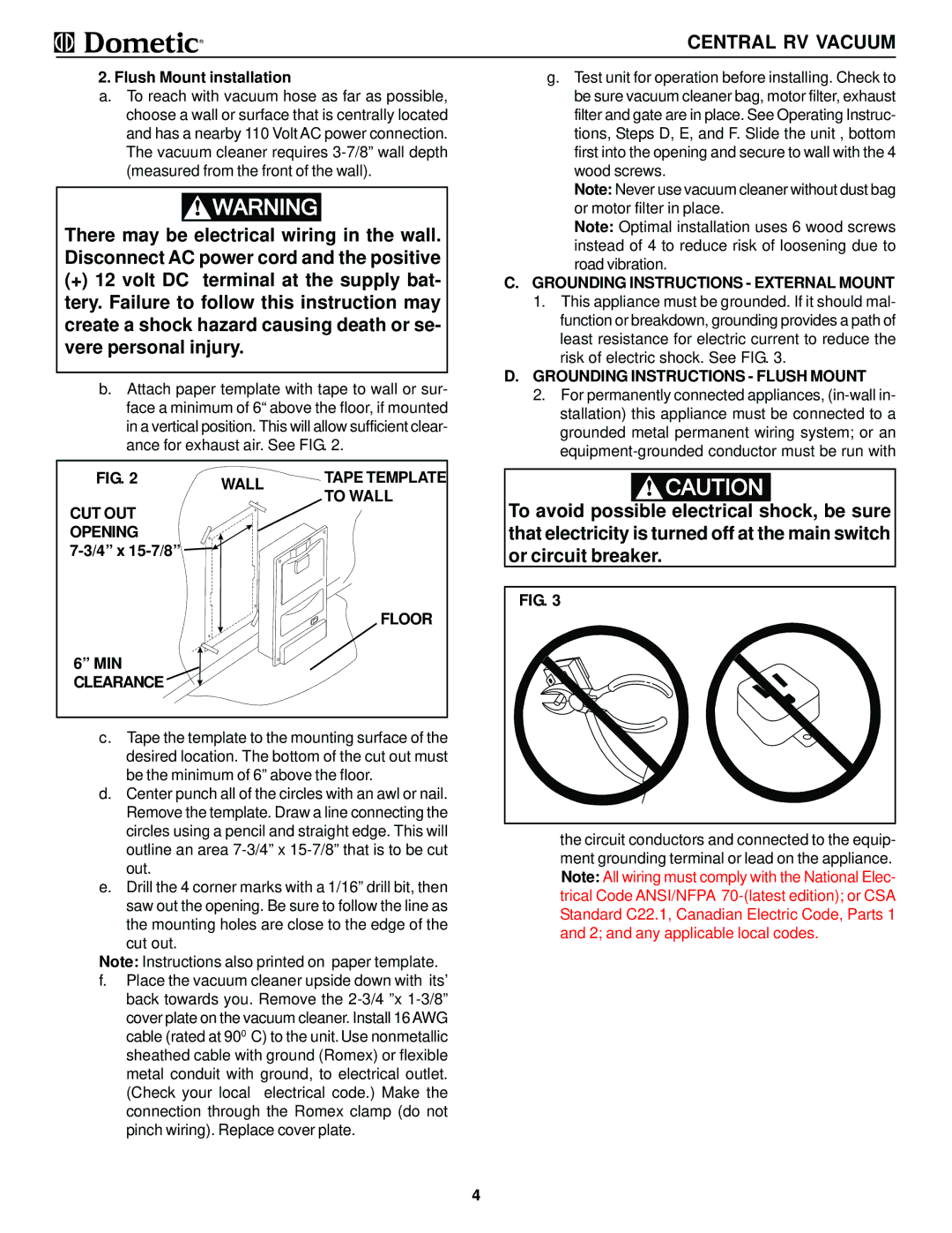 Dometic 9093200-(X)PR, 9093100-(X)PR To Wall, CUT OUT Opening, Floor, Clearance, Grounding Instructions External Mount 