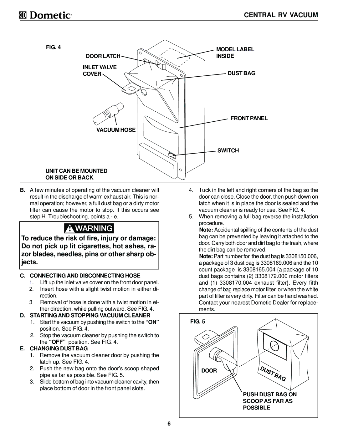 Dometic 9093200-(X)PR, 9093100-(X)PR Model Label, Connecting and Disconnecting Hose, Starting and Stopping Vacuum Cleaner 