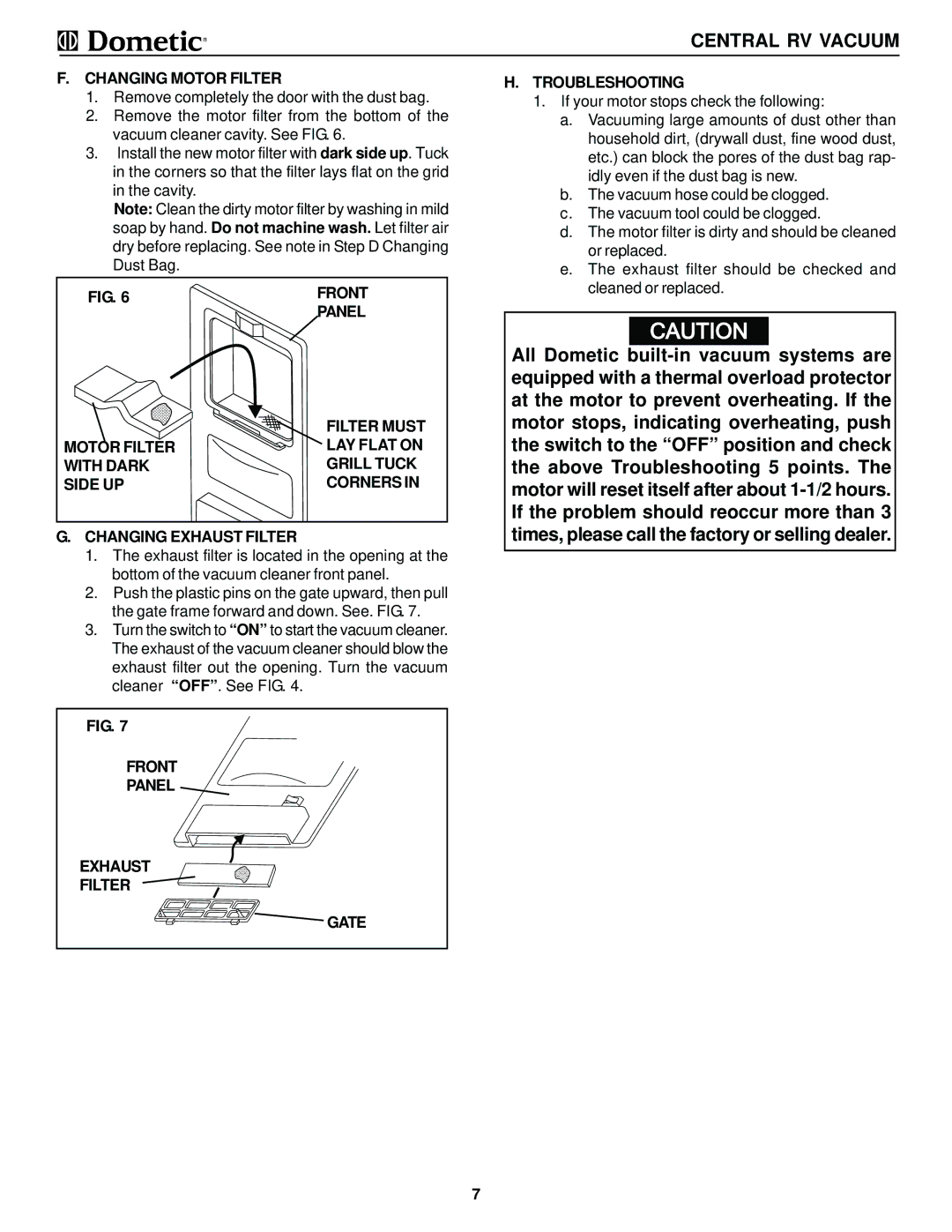 Dometic 9093100-(X)PR, 9093200-(X)PR manual Changing Motor Filter, Front Panel Exhaust Filter Gate Troubleshooting 