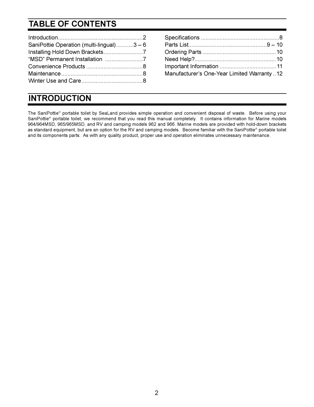 Dometic 966, 962 owner manual Table of Contents, Introduction 