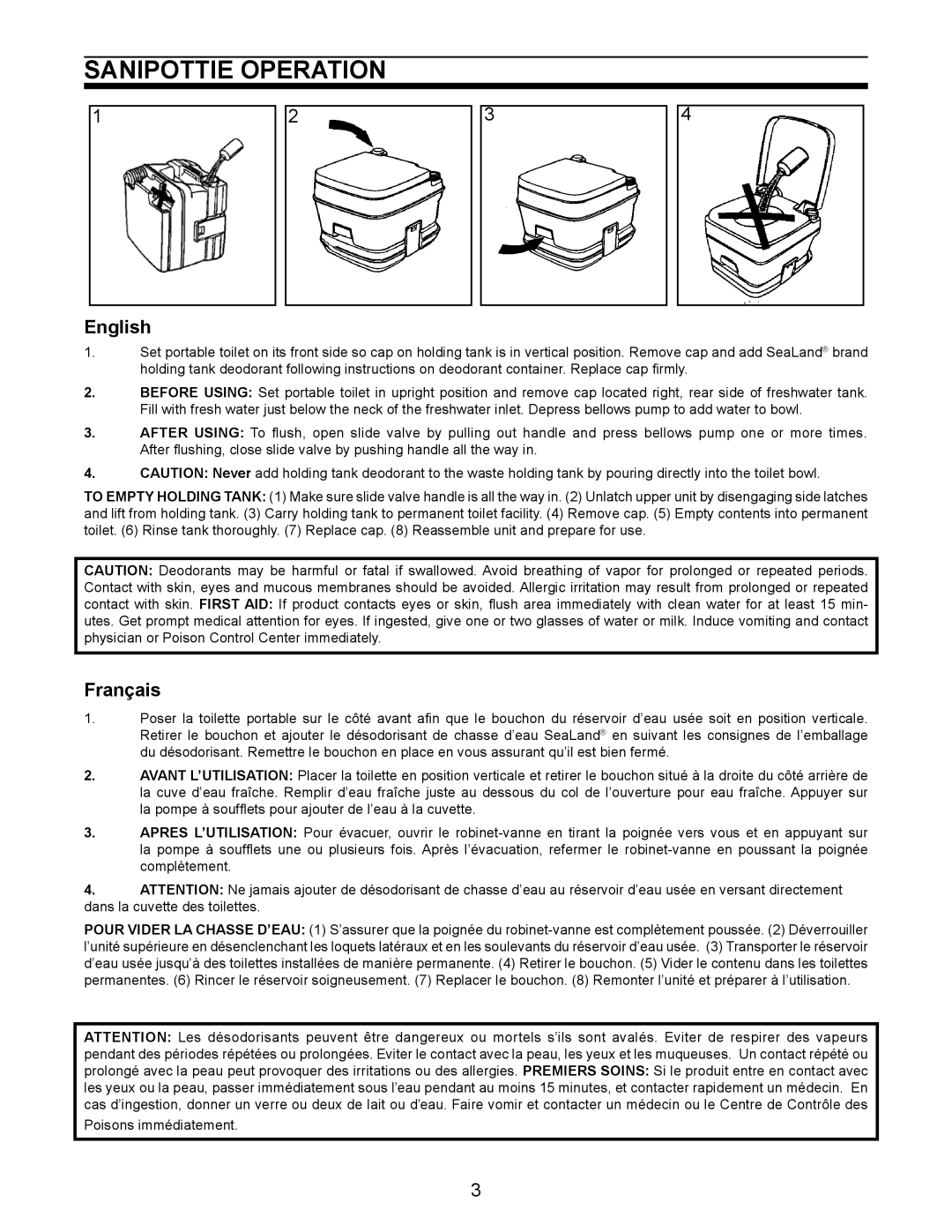 Dometic 962, 966 owner manual SaniPottie Operation, English, Français 