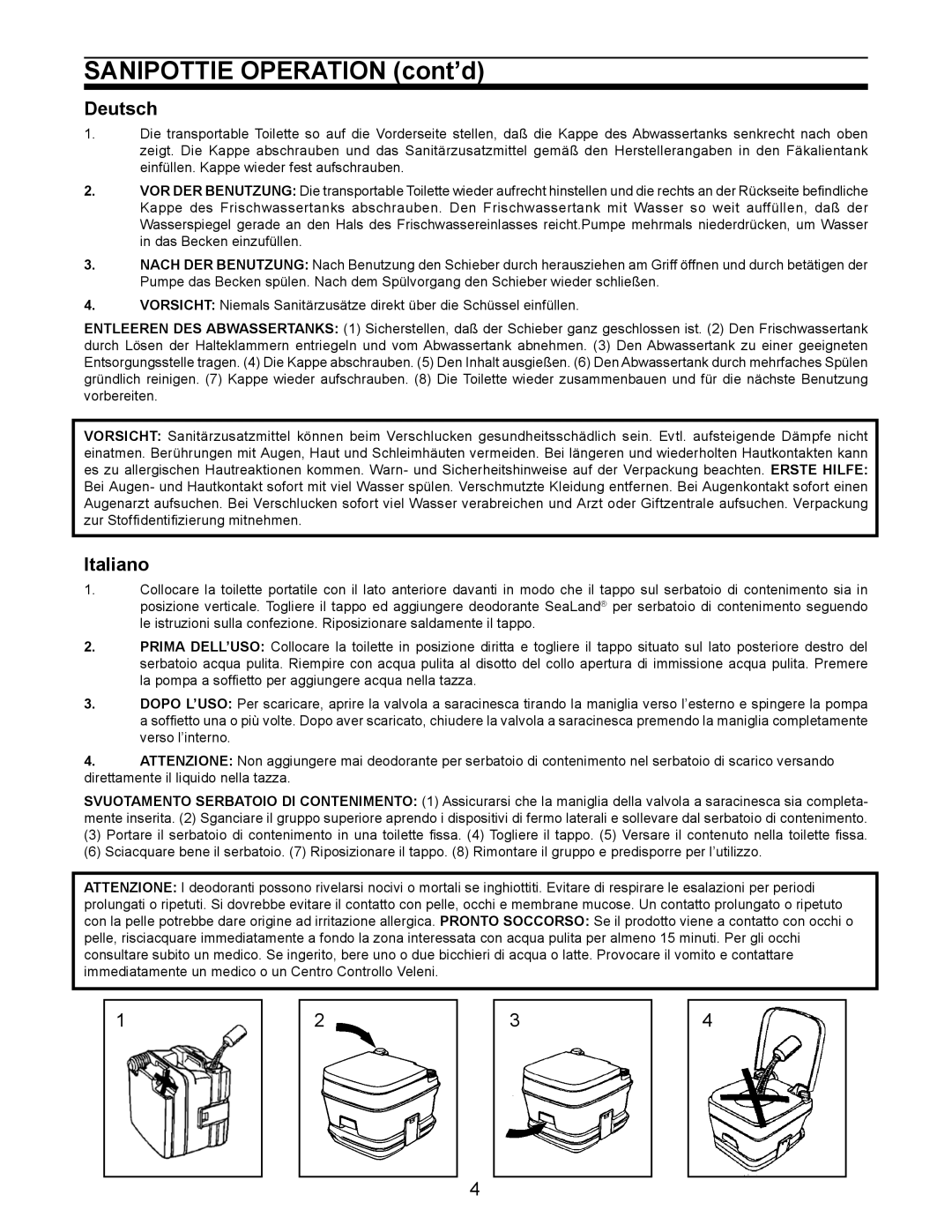 Dometic 966, 962 owner manual SaniPottie Operation cont’d, Deutsch, Italiano 