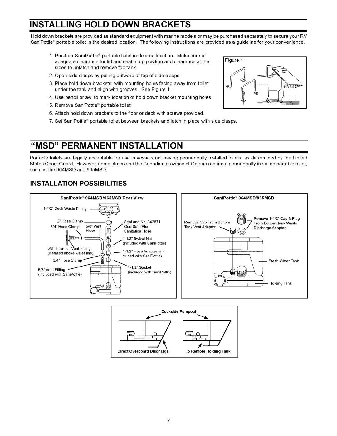 Dometic 962, 966 owner manual Installing hold down brackets, Msd permanent installation, Installation Possibilities 