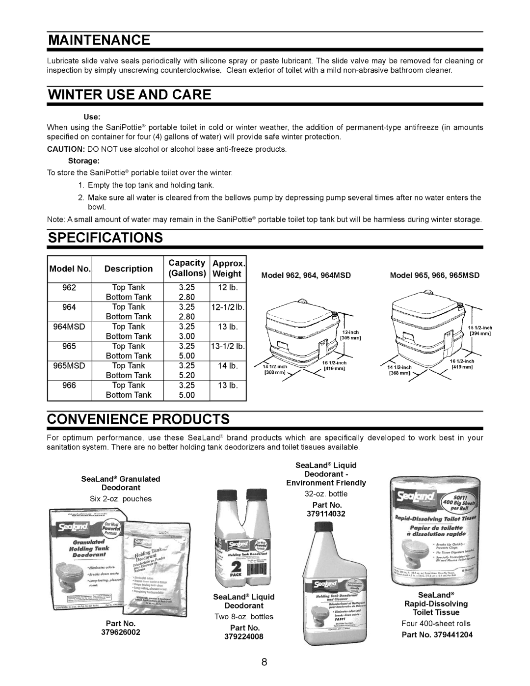 Dometic 966, 962 owner manual Maintenance, Winter use and care, Specifications, Convenience products 