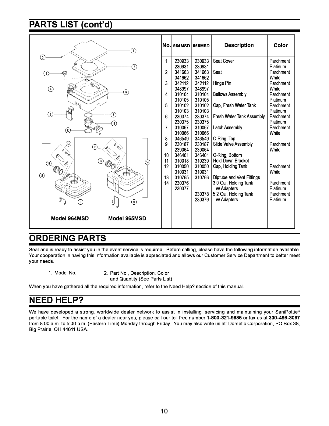 Dometic 966, 962 owner manual Parts List cont’d, ordering parts, need help?, Description, Color, Model 964MSD, Model 965MSD 