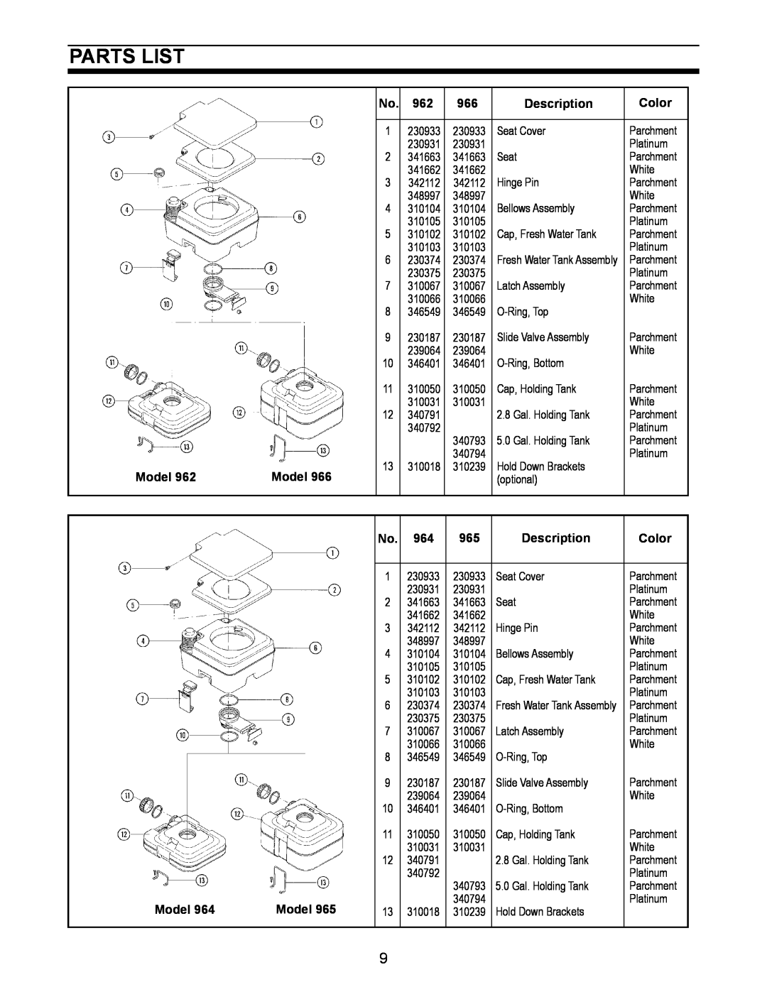 Dometic 962, 966 owner manual parts list, Description, Color, Model 