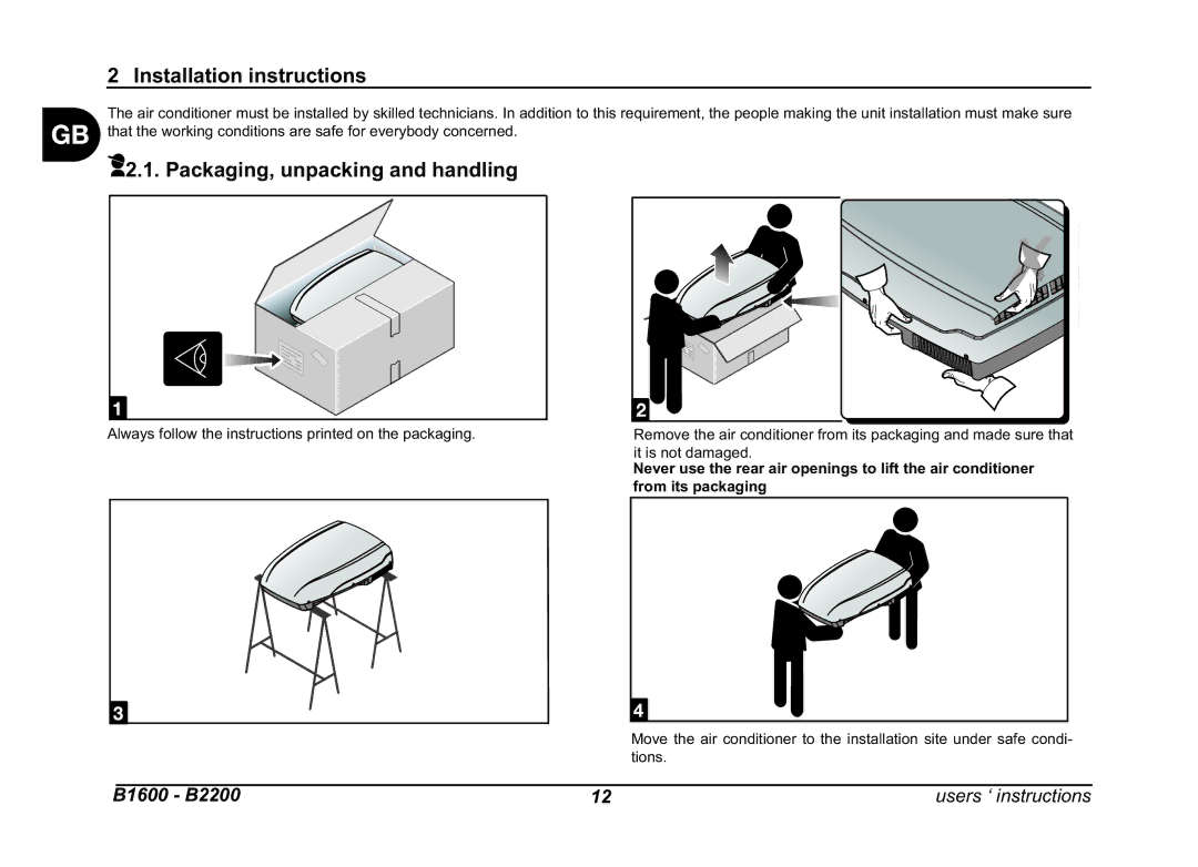 Dometic B1600, B2200 manual Installation instructions, Packaging, unpacking and handling 