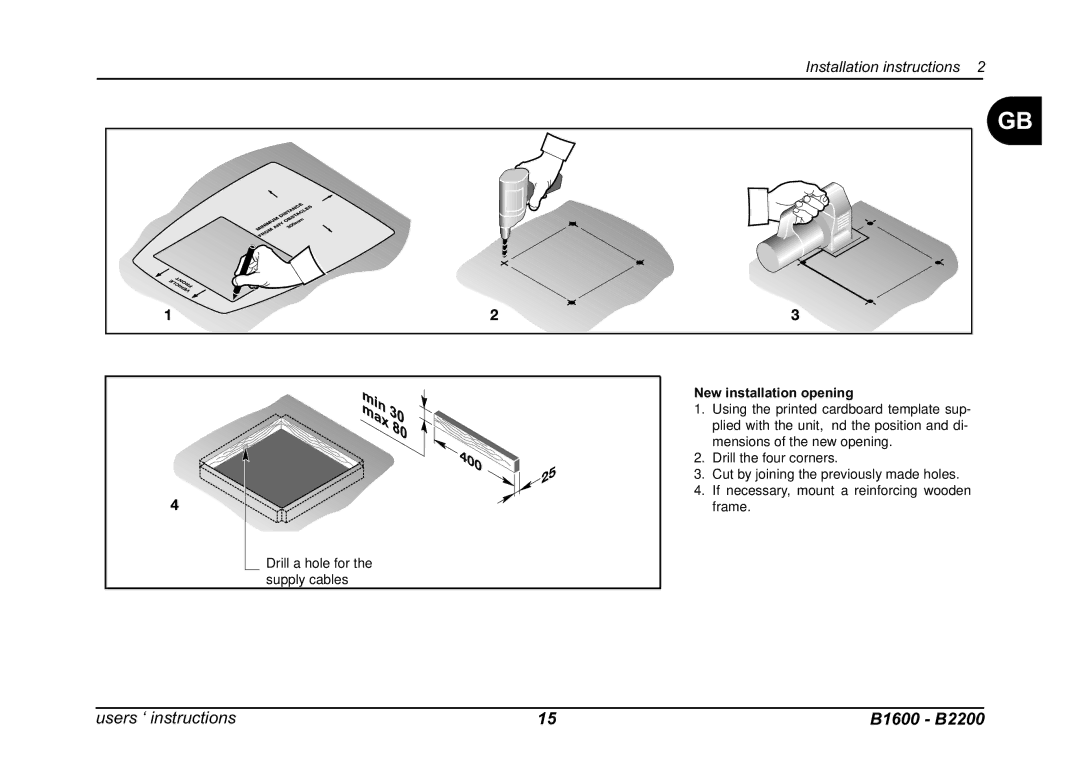 Dometic B2200, B1600 manual New installation opening 