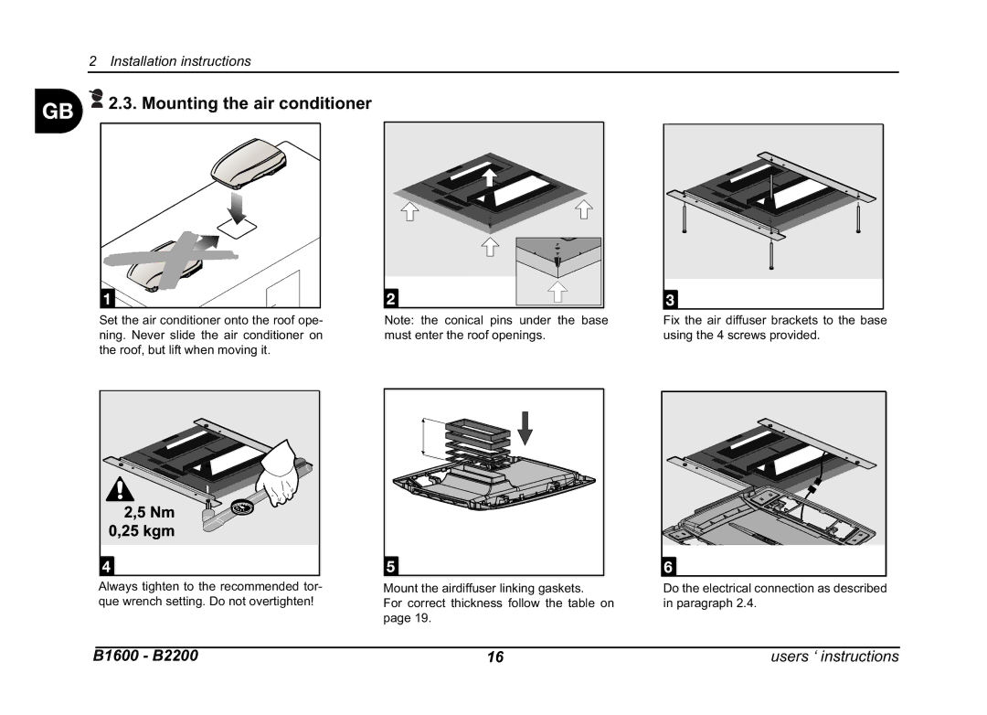 Dometic B1600, B2200 manual Mounting the air conditioner 