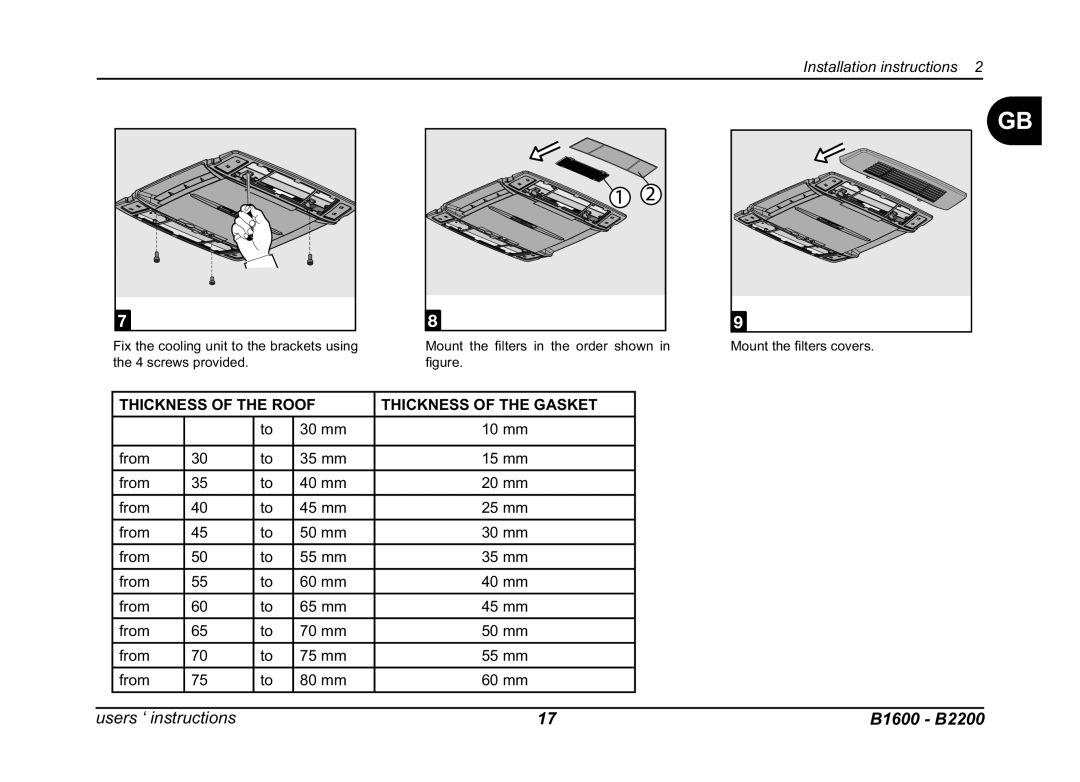 Dometic B2200, B1600 manual Thickness of the Roof Thickness of the Gasket 