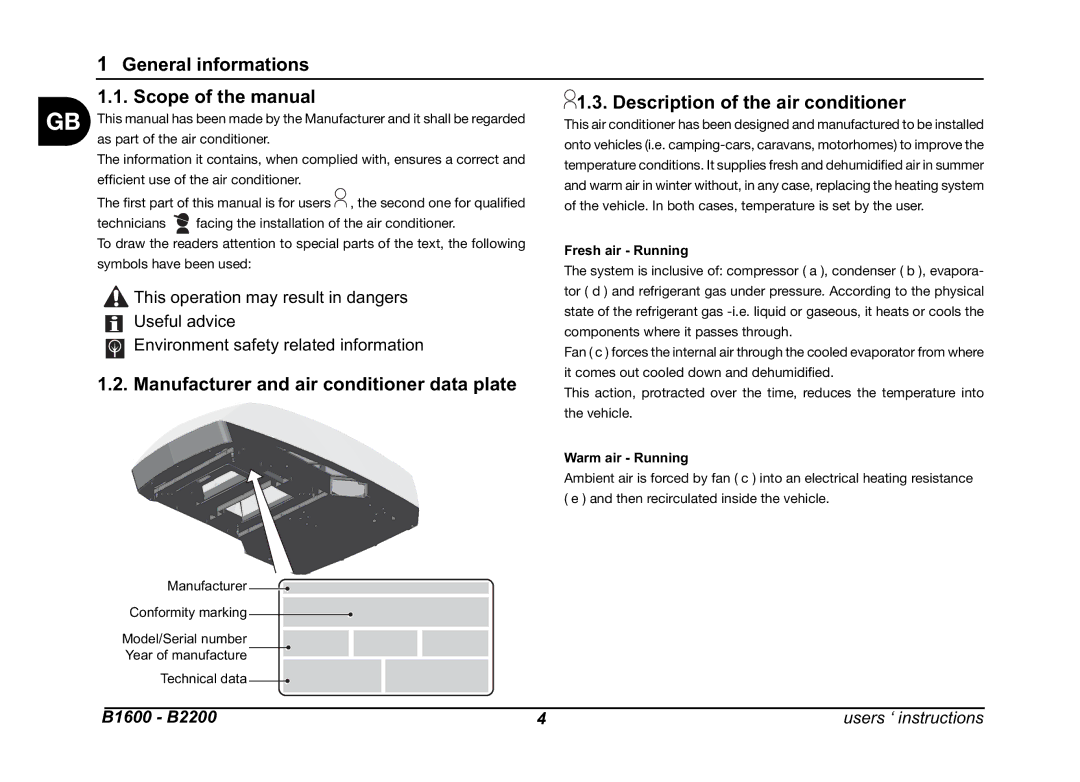 Dometic B1600 General informations Scope of the manual, Manufacturer and air conditioner data plate, Fresh air Running 