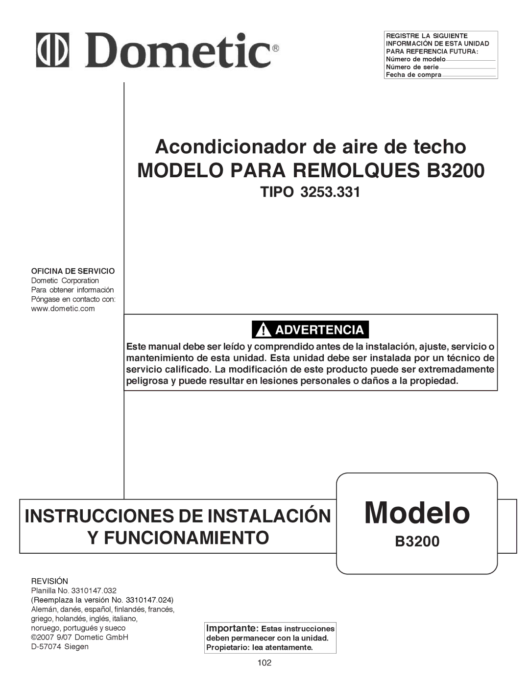 Dometic manual Modelo Para Remolques B3200, 102 