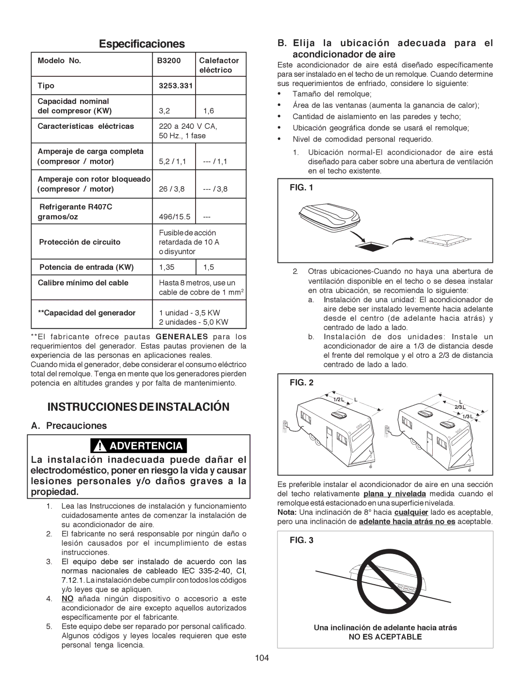 Dometic B3200 Instruccionesdeinstalación, Precauciones, Elija la ubicación adecuada para el acondicionador de aire, 104 