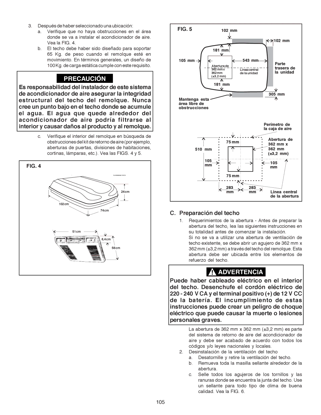 Dometic B3200 manual Preparación del techo, 105 