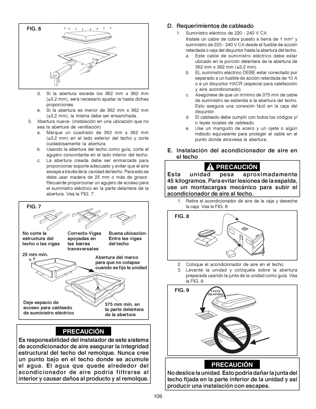 Dometic B3200 manual Requerimientos de cableado, Instalación del acondicionador de aire en el techo, 106 