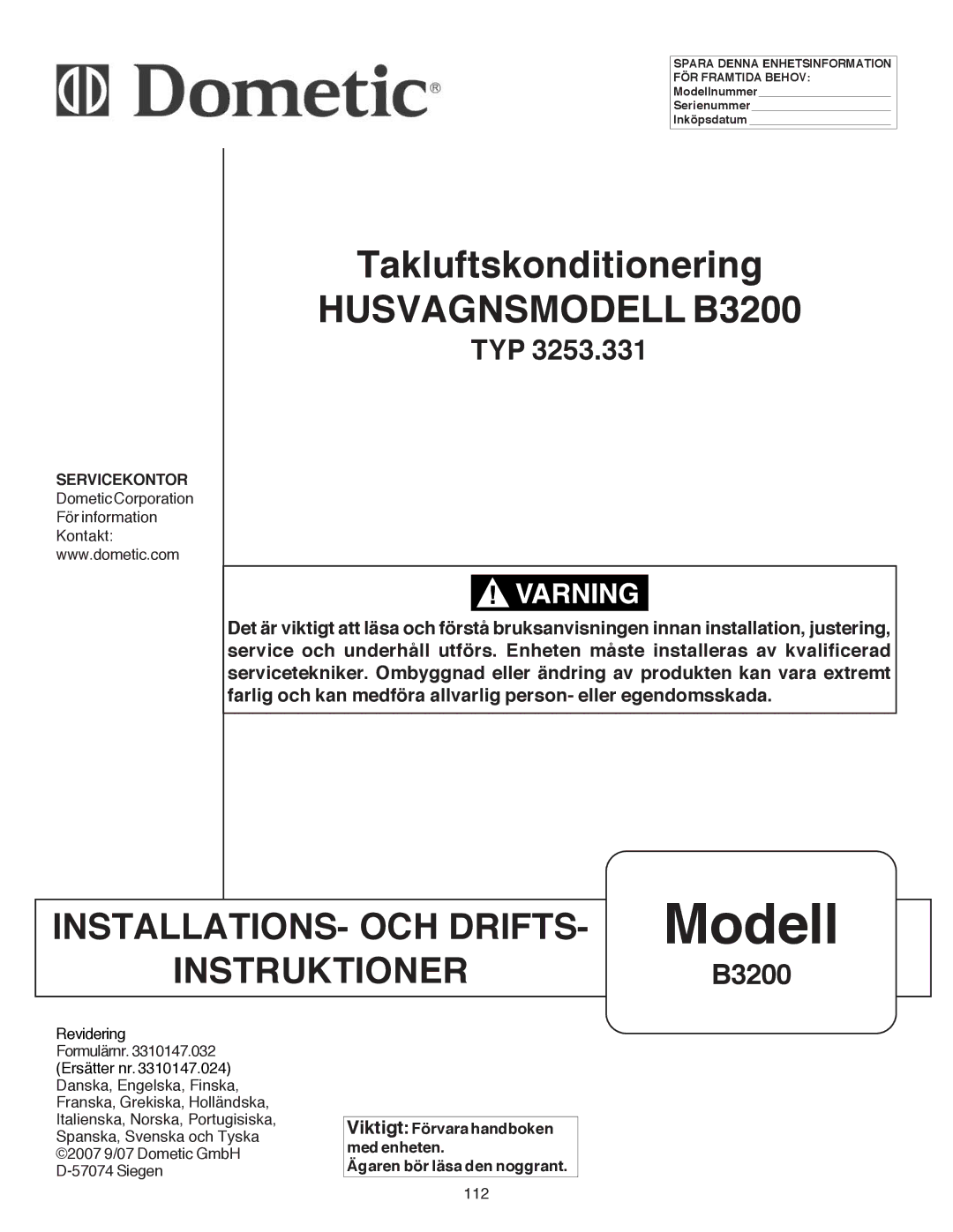 Dometic manual Husvagnsmodell B3200, 112 