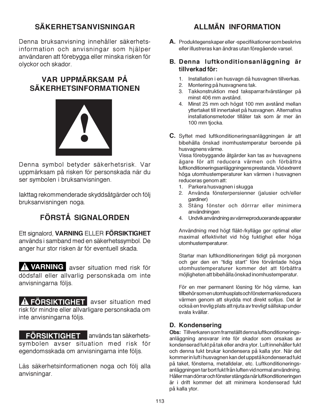 Dometic B3200 manual Denna luftkonditionsanläggning är Tillverkad för, 113 