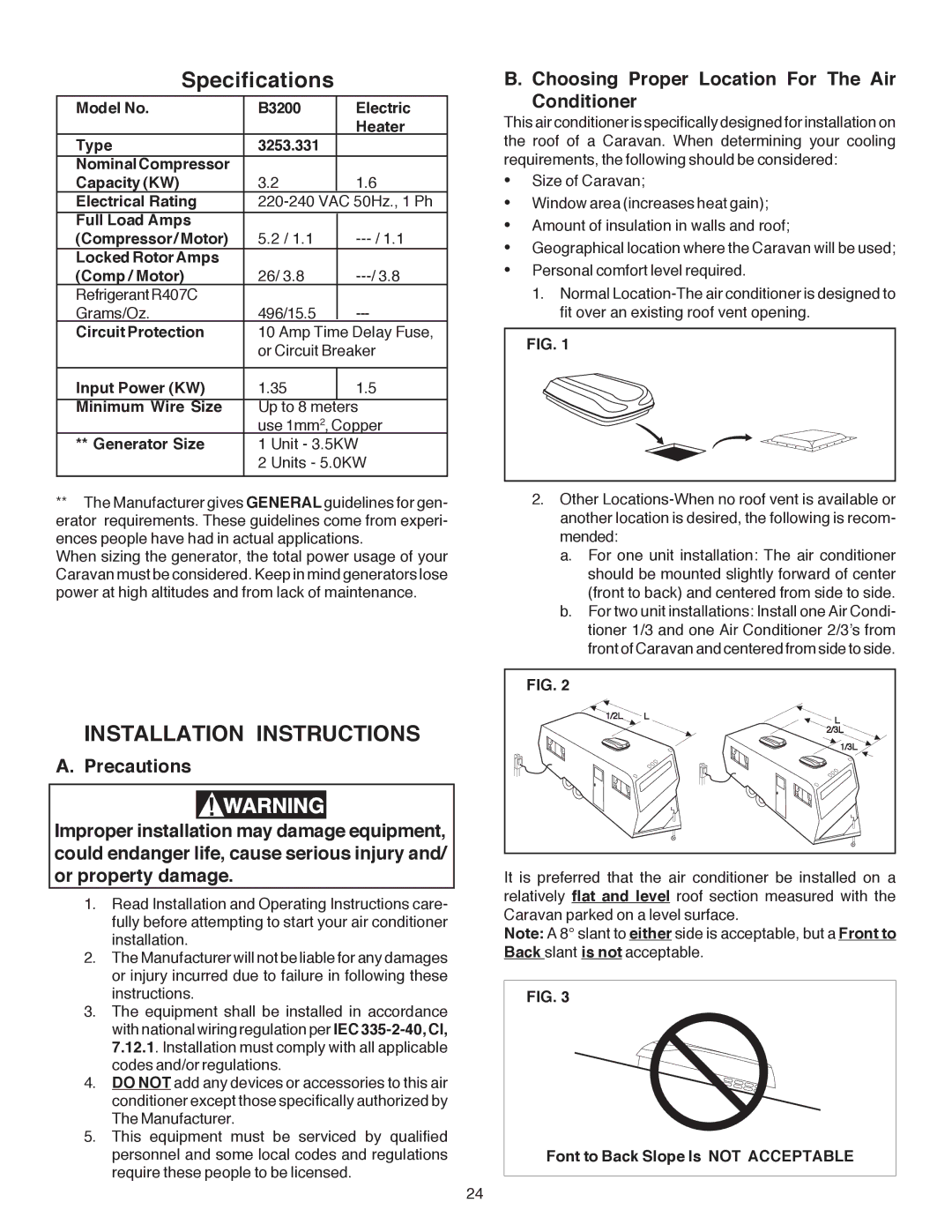 Dometic B3200 manual Choosing Proper Location For The Air Conditioner 